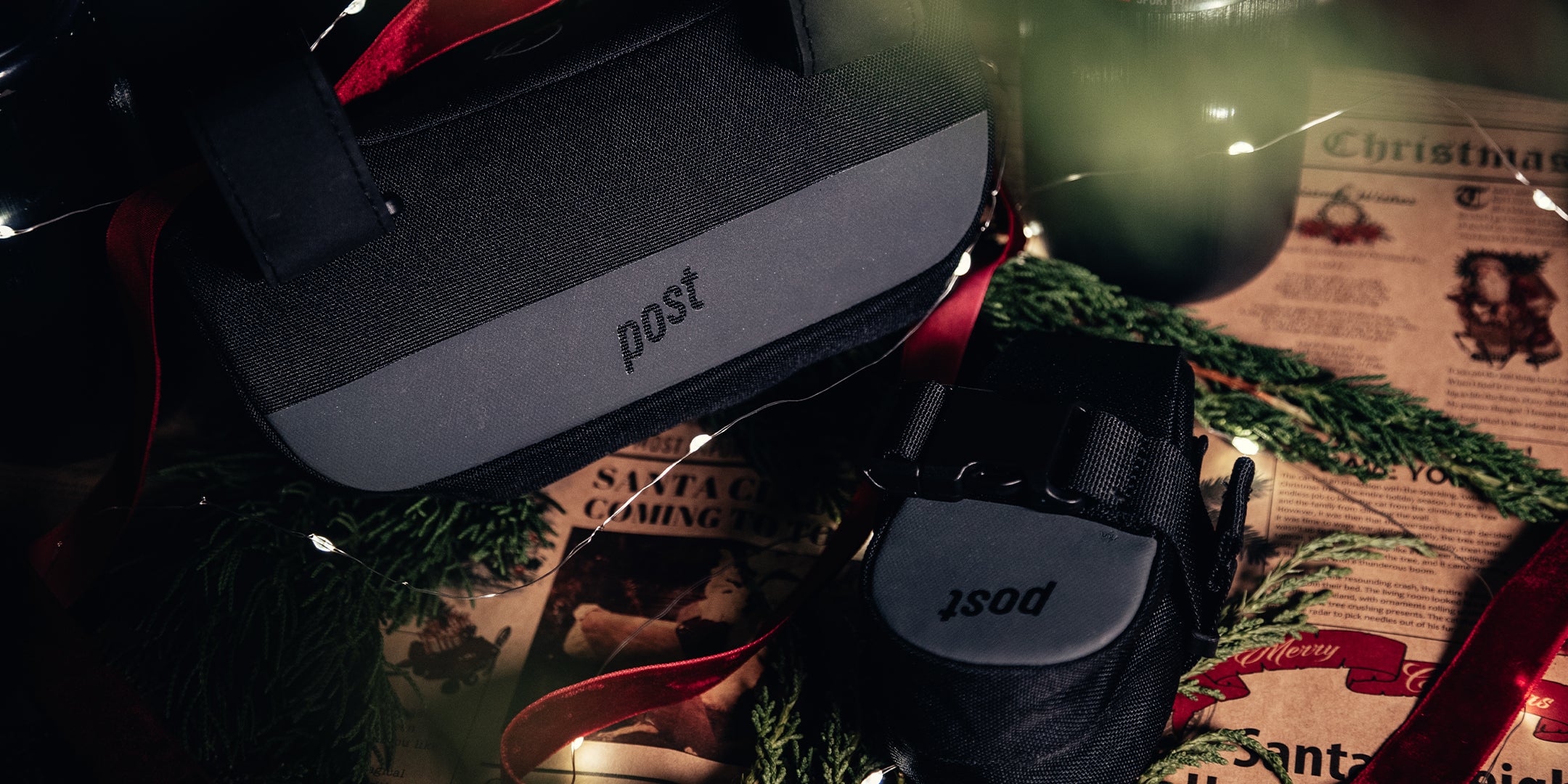 Christmas-themed close up shot of the Post Carry Co. bags