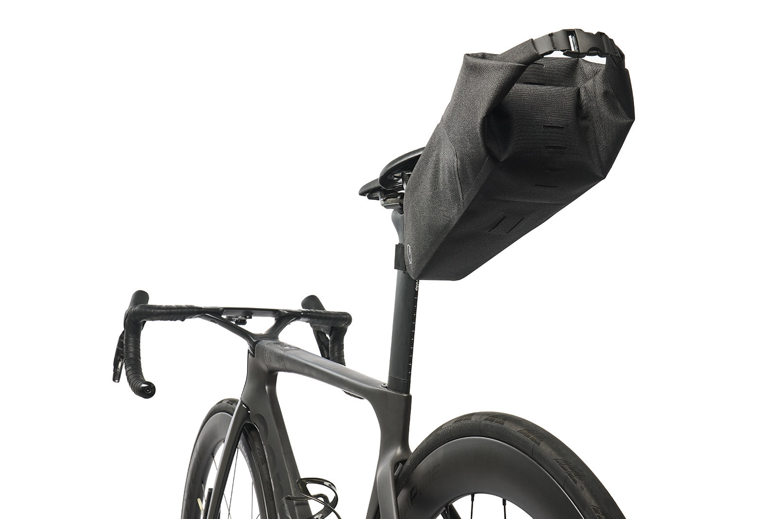 Rear-quarter view of the Post Carry Co. Seat Pack mounted under a bike seat