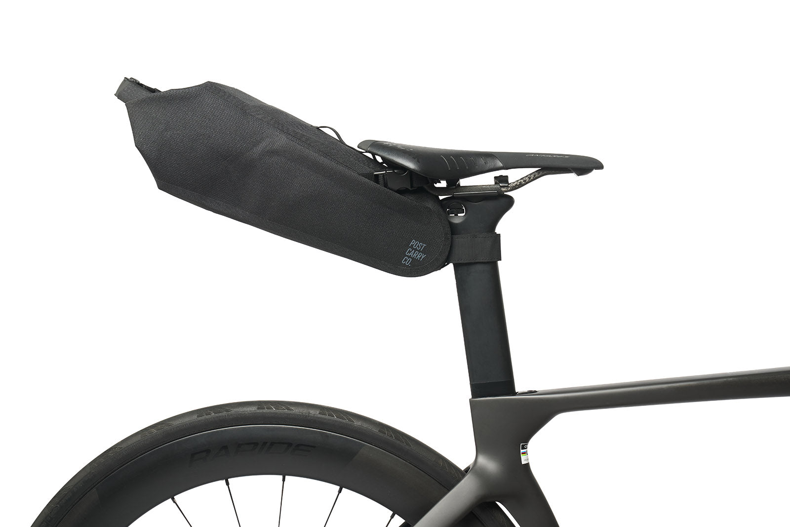 Side view of the Post Carry Co. Seat Pack mounted under a bike seat