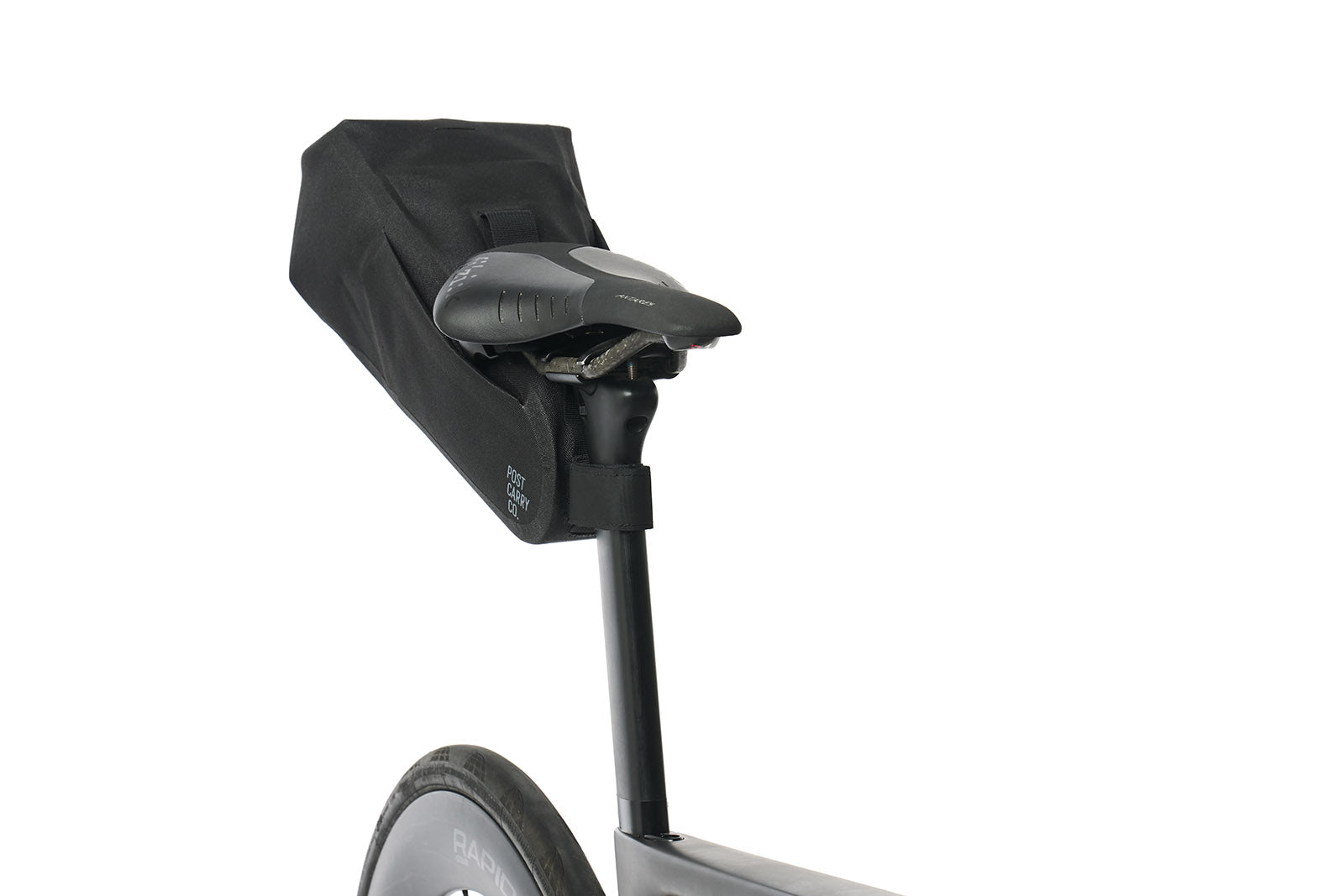Front-quarter view of the Post Carry Co. Seat Pack mounted under a bike seat