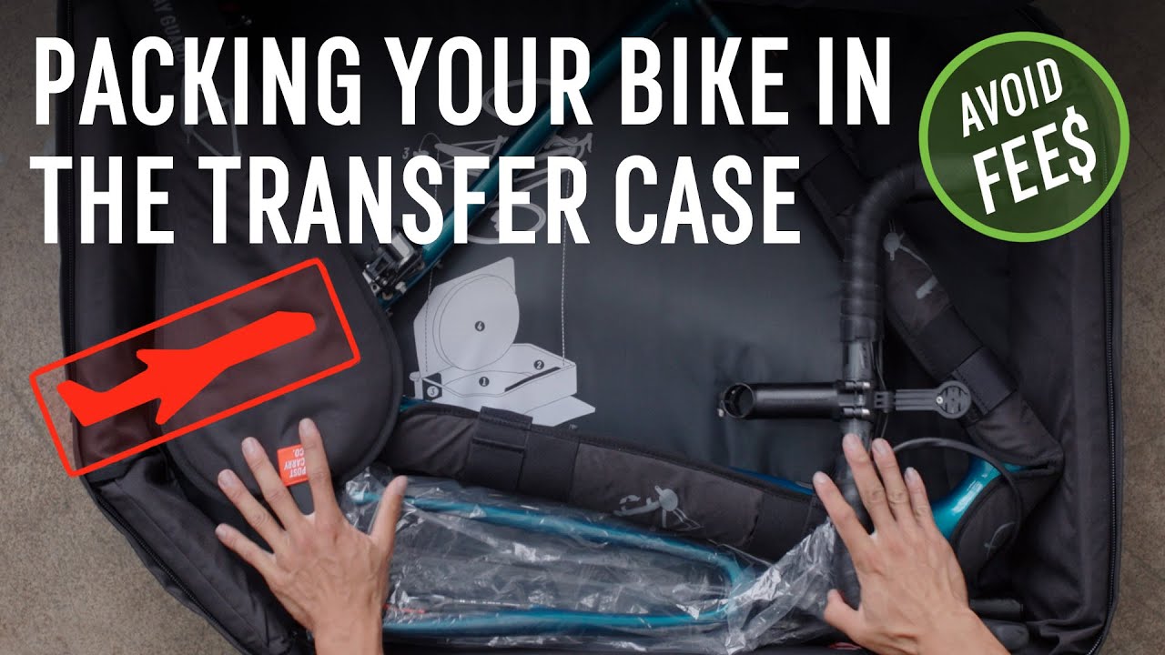 Thumbnail photo for a video showing a close up shot of a bike packed in the the Post Carry Co. Transfer Case bike case